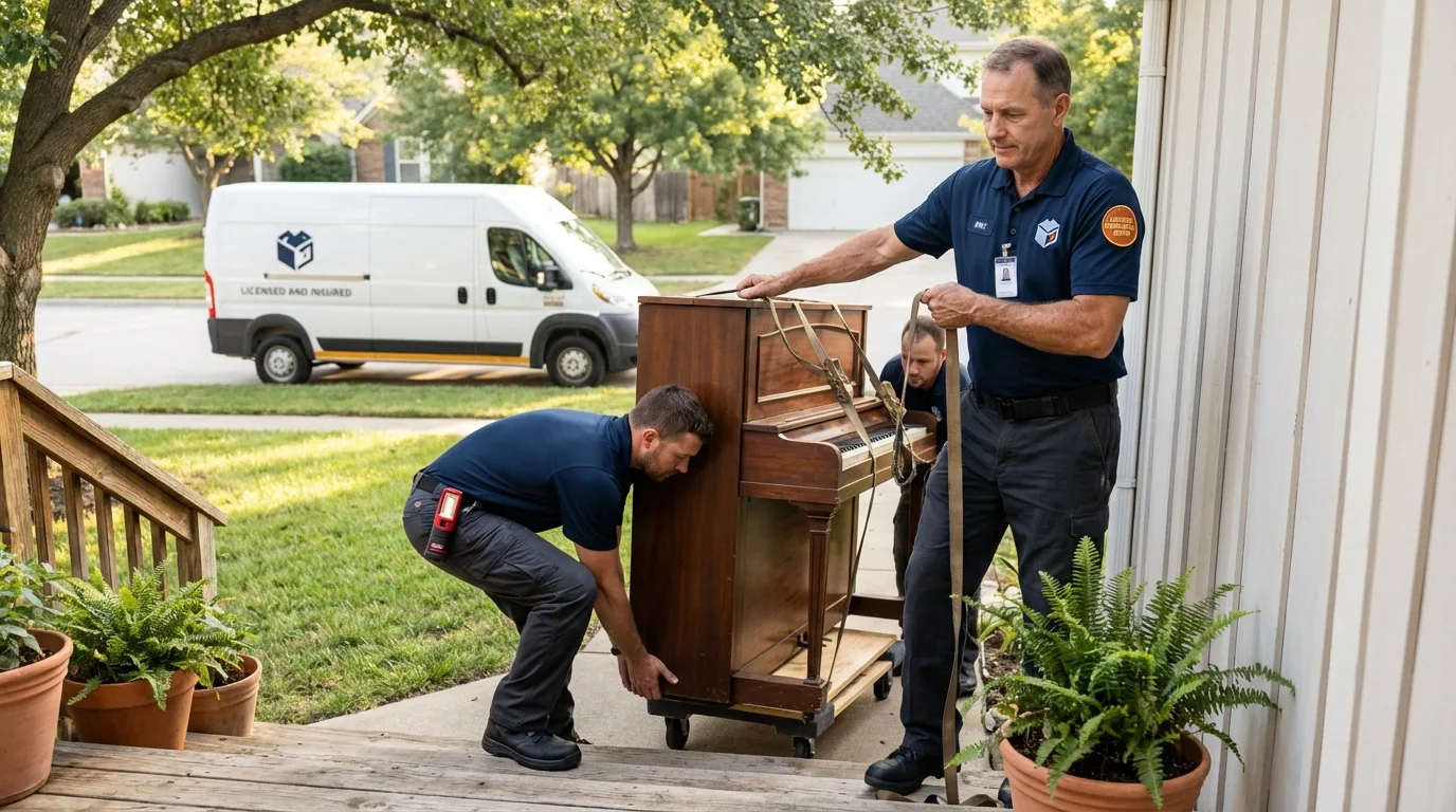Licensed piano movers securing grand piano in Lares, PR