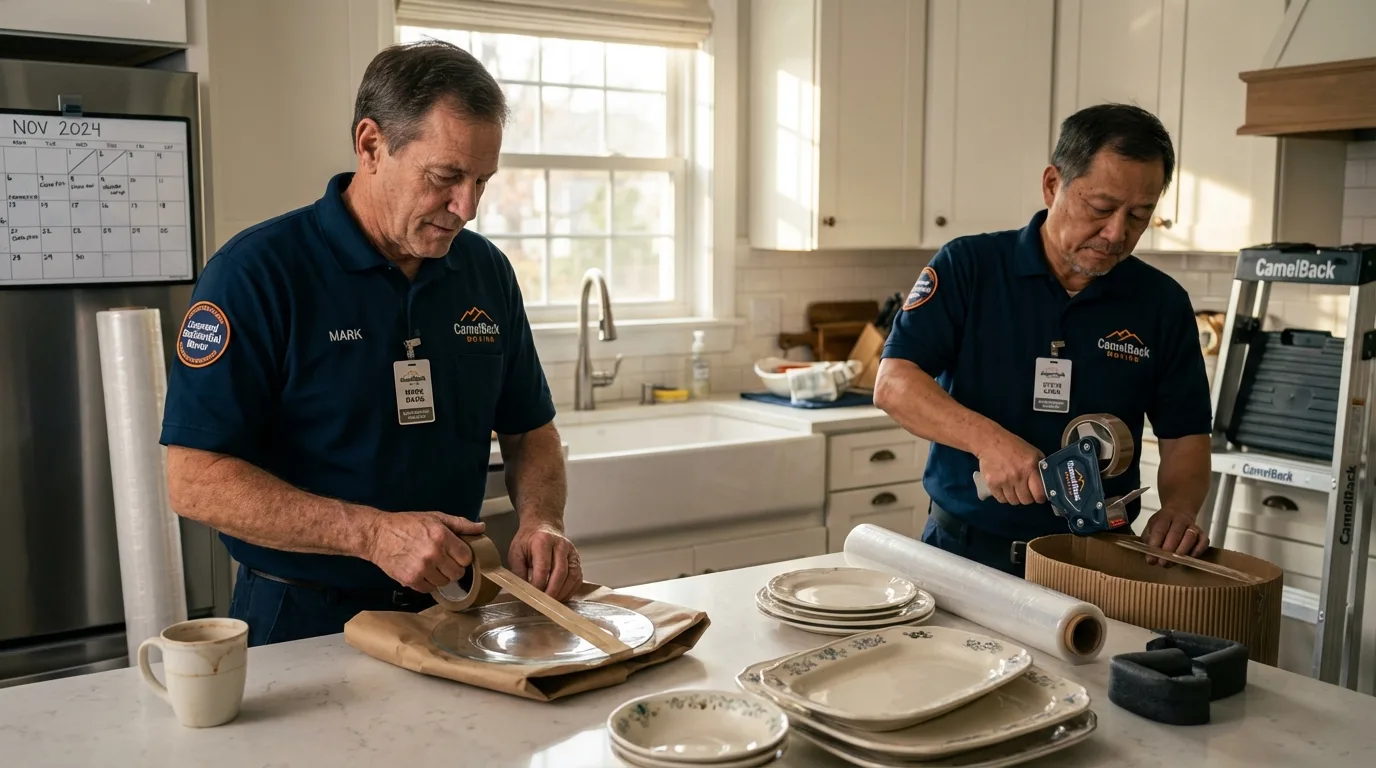 Professional crew packing kitchen dishware in Lares, PR